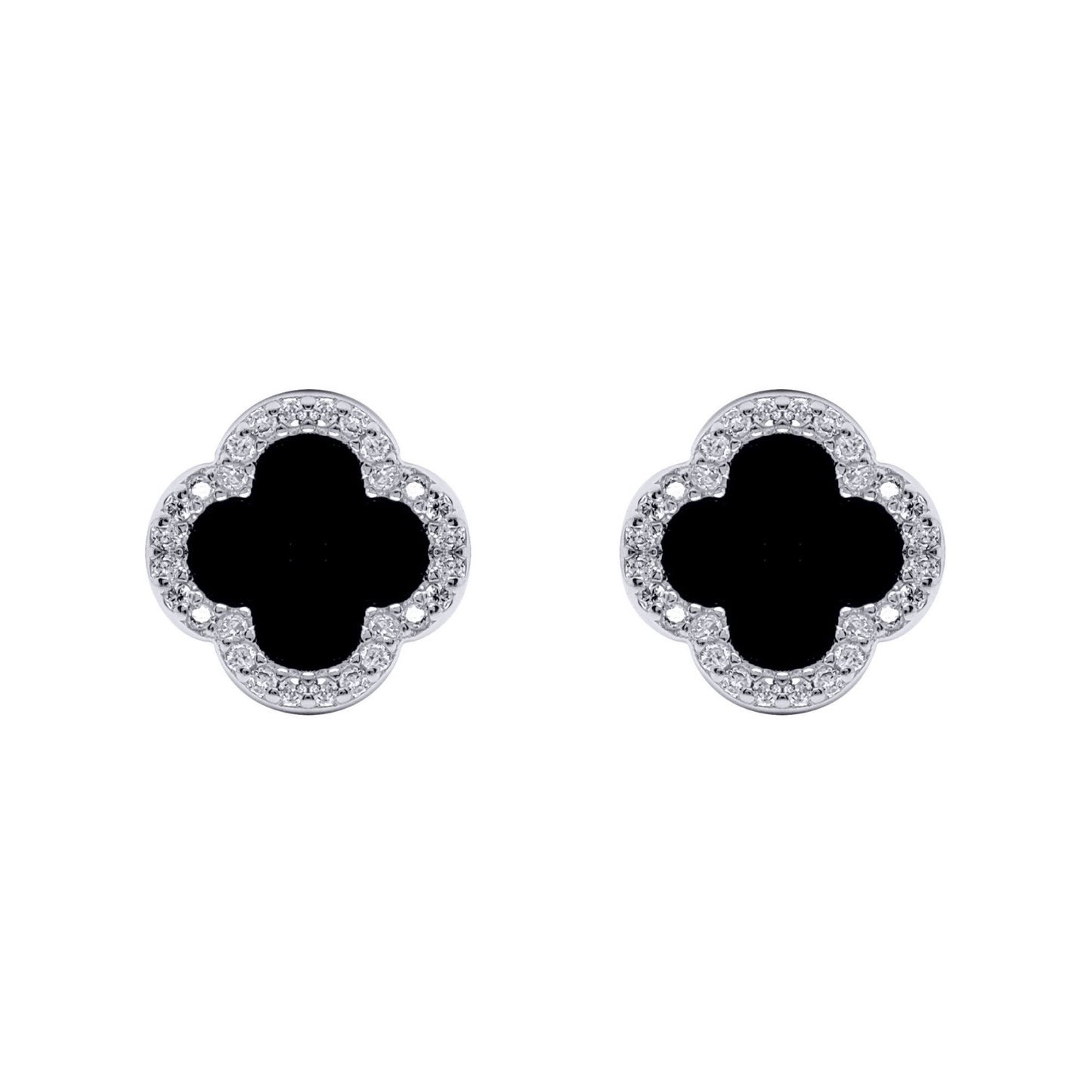 Silver Black Clover Onyx CZ Halo Lucky Charm Earrings - AES258