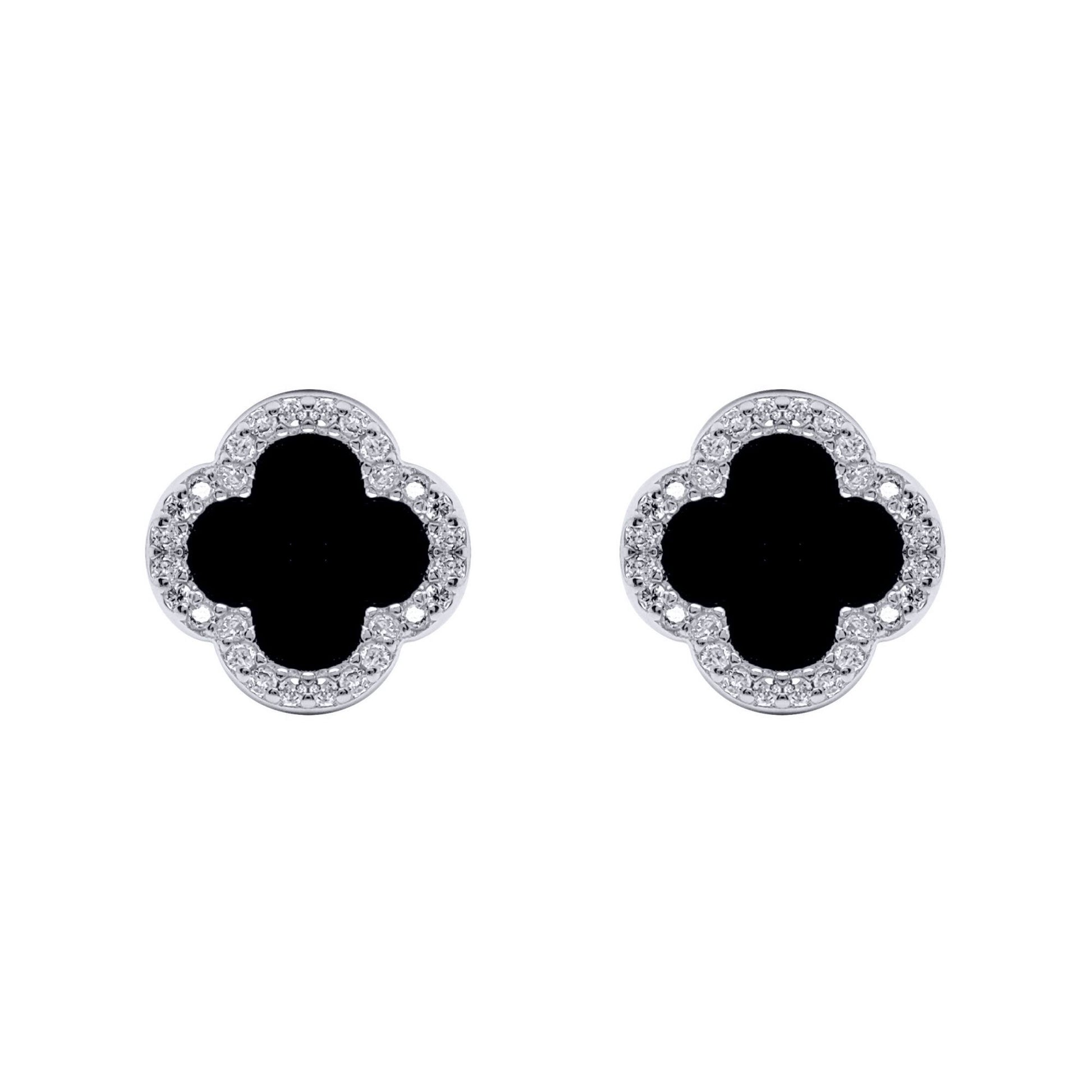 Silver Black Clover Onyx CZ Halo Lucky Charm Earrings - AES258