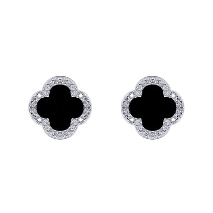 Silver Black Clover Onyx CZ Halo Lucky Charm Earrings - AES258