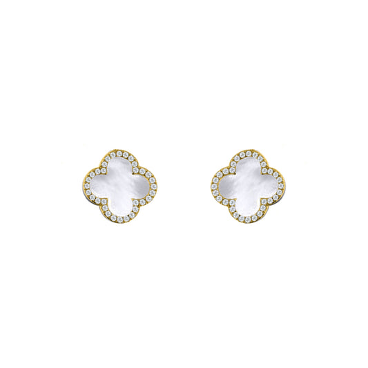 Gold-plated Silver Clover MOP CZ Halo Lucky Charm Earrings - AES259-GP