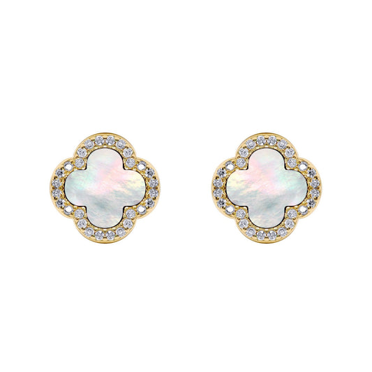 Gold-plated Silver Clover MOP CZ Halo Lucky Charm Earrings - AES259-GP