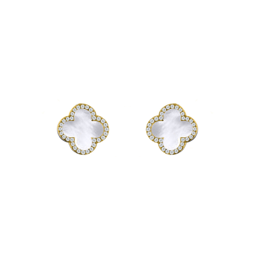 Gold-plated Silver Clover MOP CZ Halo Lucky Charm Earrings - AES259-GP