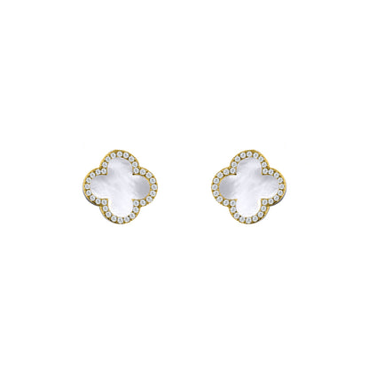 Gold-plated Silver Clover MOP CZ Halo Lucky Charm Earrings - AES259-GP