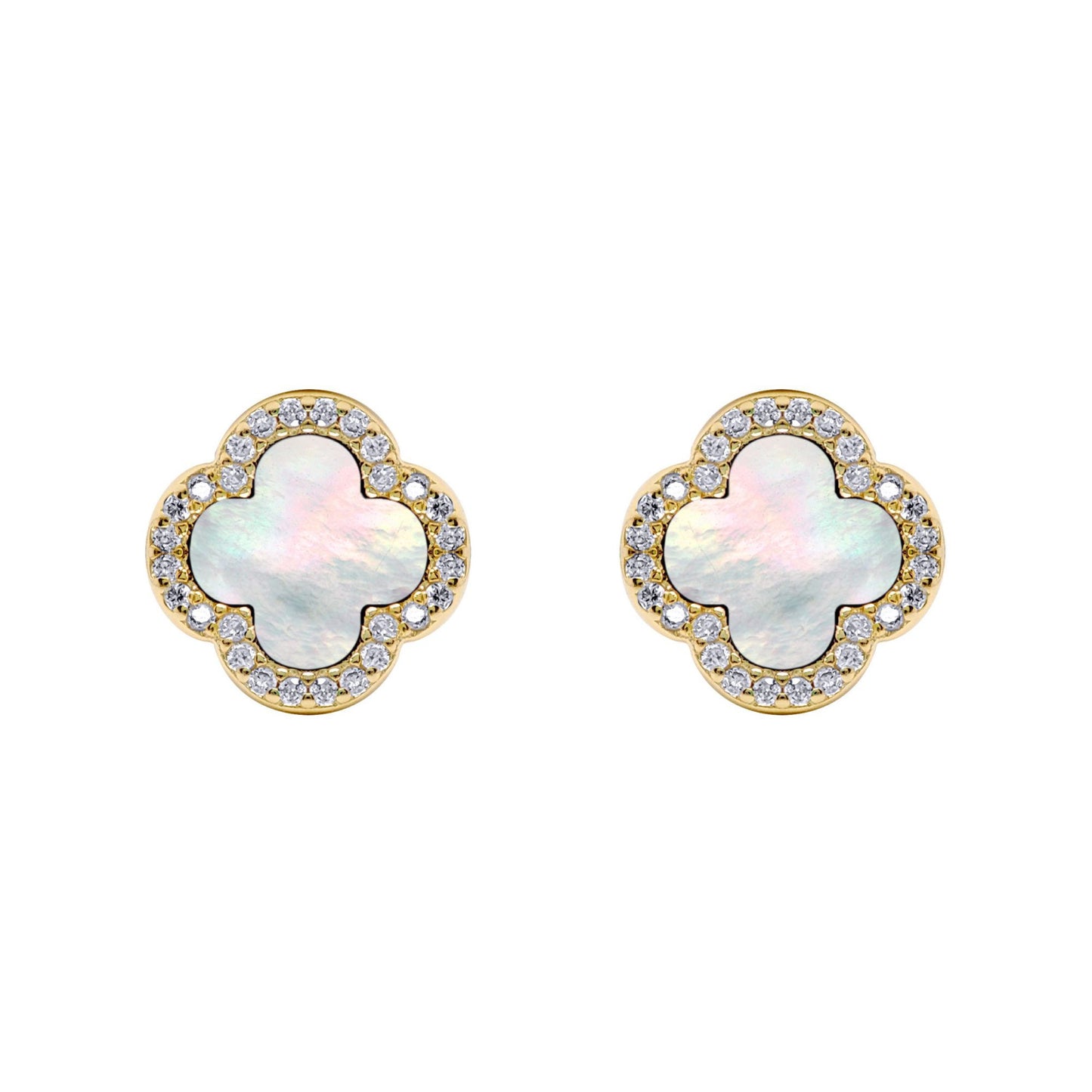 Gold-plated Silver Clover MOP CZ Halo Lucky Charm Earrings - AES259-GP
