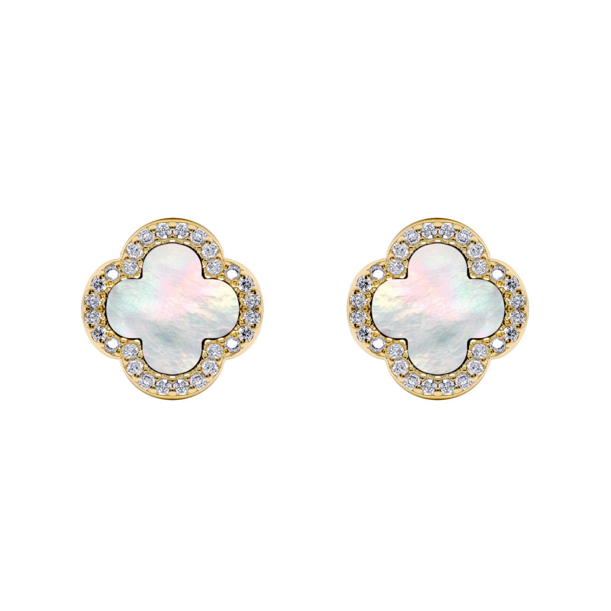 Gold-plated Silver Clover MOP CZ Halo Lucky Charm Earrings - AES259-GP