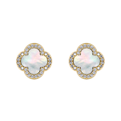 Gold-plated Silver Clover MOP CZ Halo Lucky Charm Earrings - AES259-GP