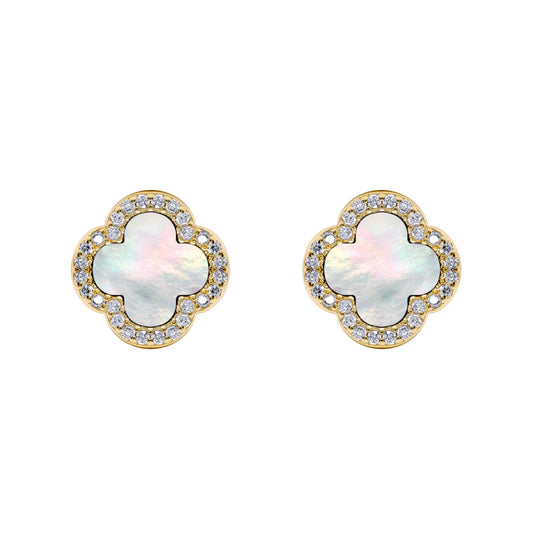 Gold-plated Silver Clover MOP CZ Halo Lucky Charm Earrings - AES259-GP