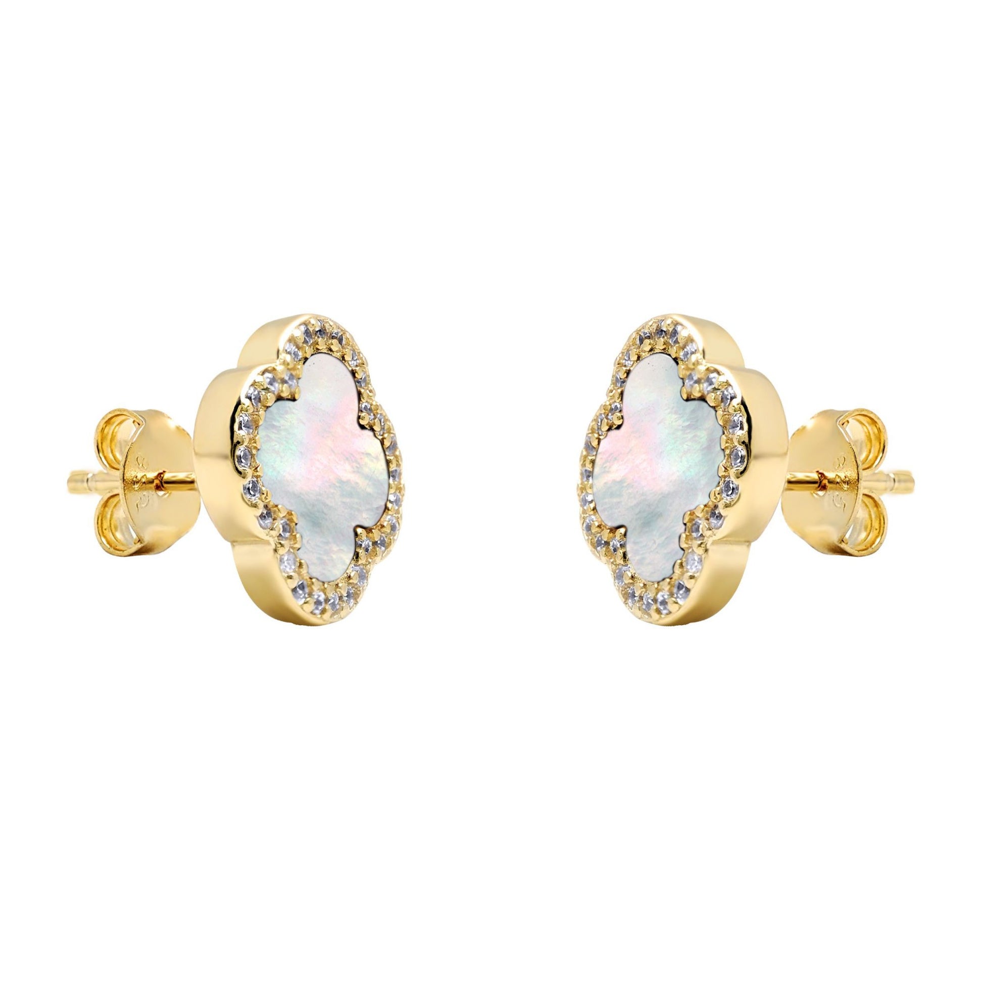 Gold-plated Silver Clover MOP CZ Halo Lucky Charm Earrings - AES259-GP