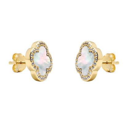 Gold-plated Silver Clover MOP CZ Halo Lucky Charm Earrings - AES259-GP