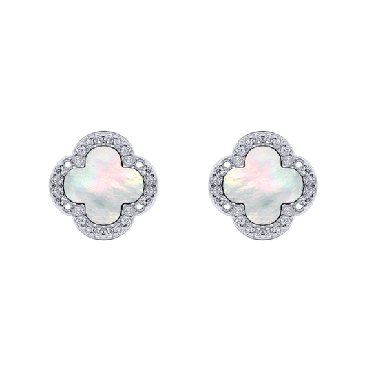 Silver Clover Mother of Pearl CZ Halo Lucky Charm Earrings - AES259