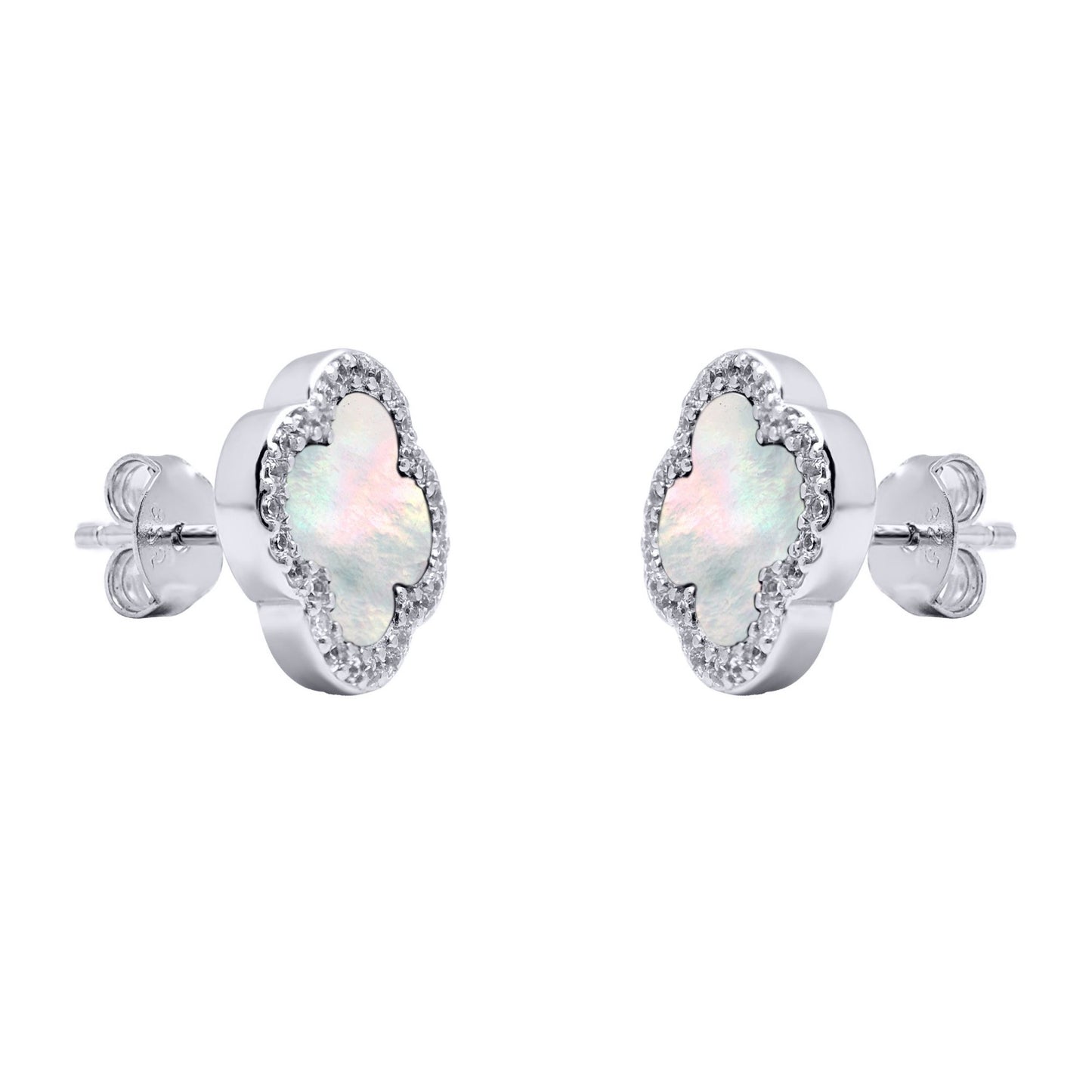 Silver Clover Mother of Pearl CZ Halo Lucky Charm Earrings - AES259