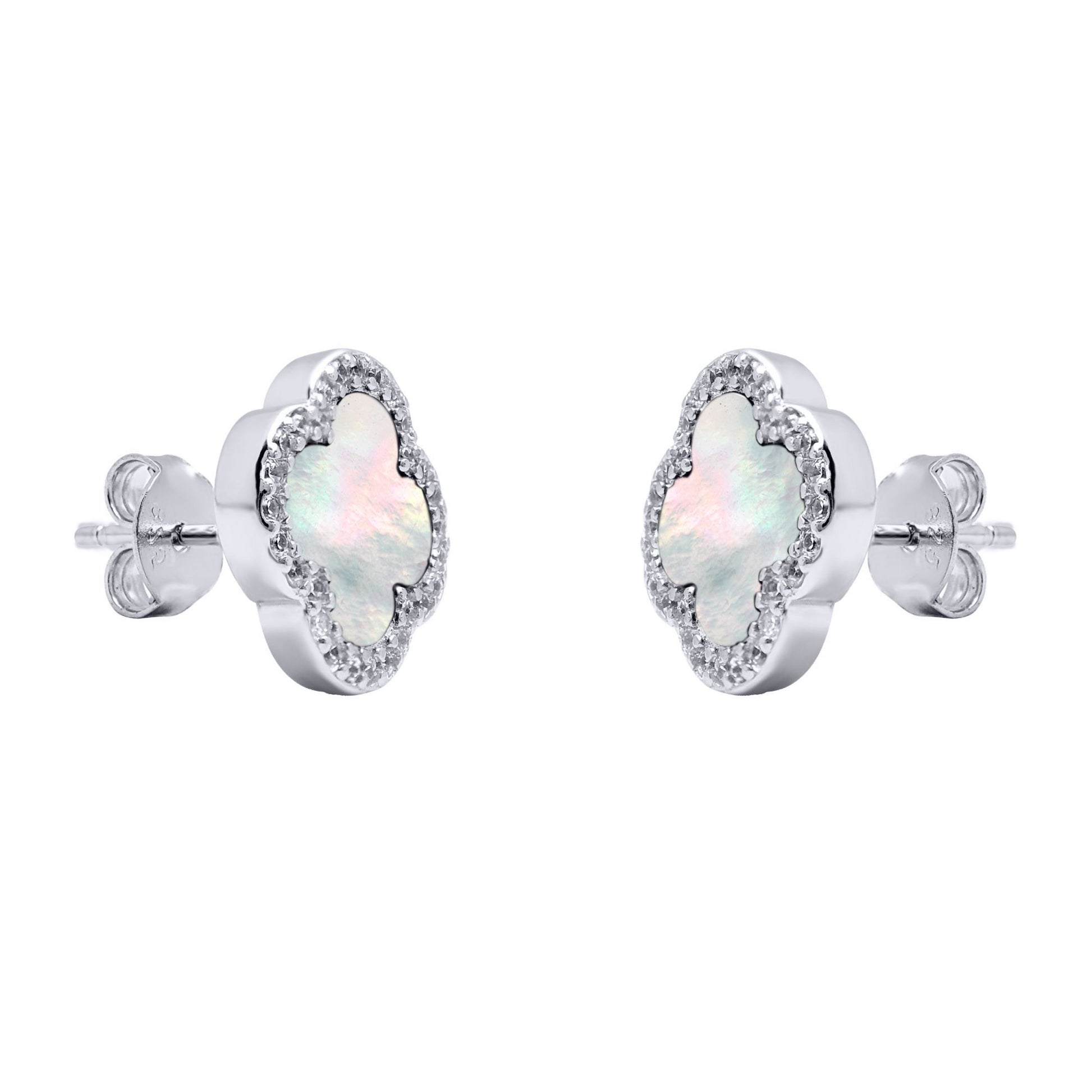 Silver Clover Mother of Pearl CZ Halo Lucky Charm Earrings - AES259