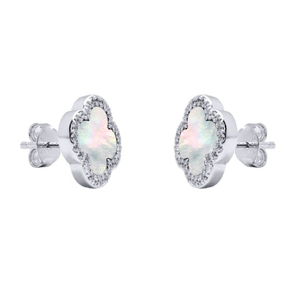 Silver Clover Mother of Pearl CZ Halo Lucky Charm Earrings - AES259