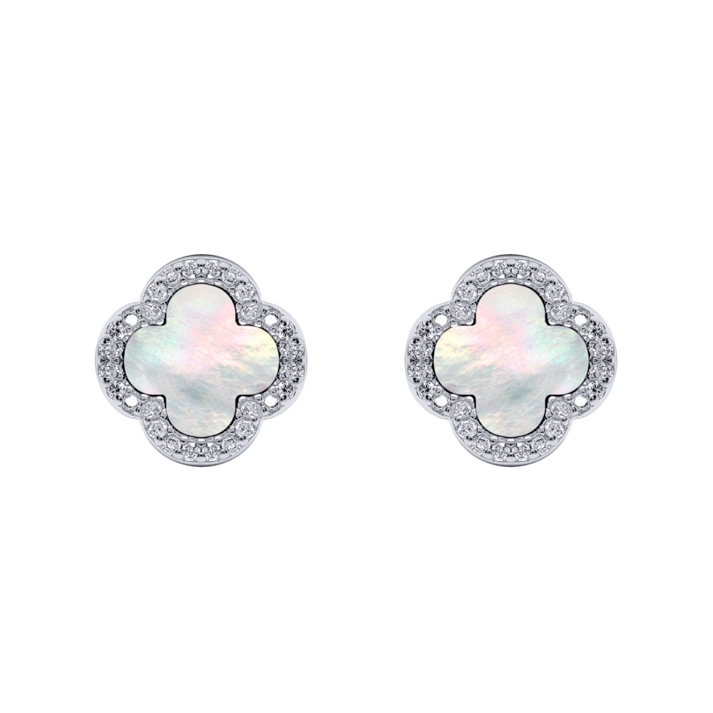 Silver Clover Mother of Pearl CZ Halo Lucky Charm Earrings - AES259