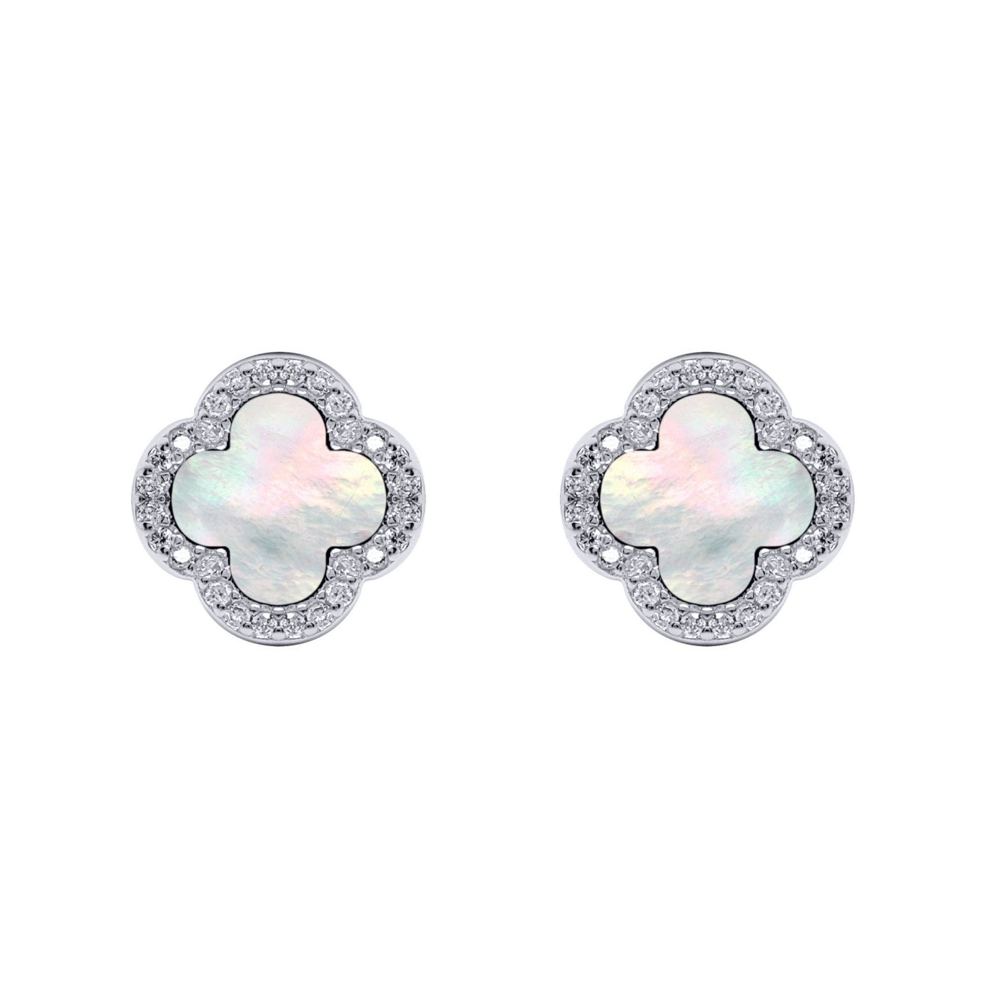 Silver Clover Mother of Pearl CZ Halo Lucky Charm Earrings - AES259