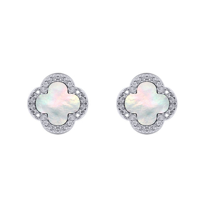 Silver Clover Mother of Pearl CZ Halo Lucky Charm Earrings - AES259
