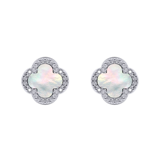 Silver Clover Mother of Pearl CZ Halo Lucky Charm Earrings - AES259