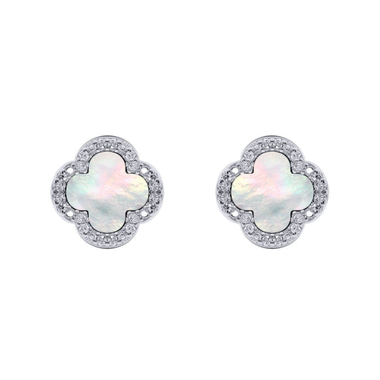Silver Clover Mother of Pearl CZ Halo Lucky Charm Earrings - AES259