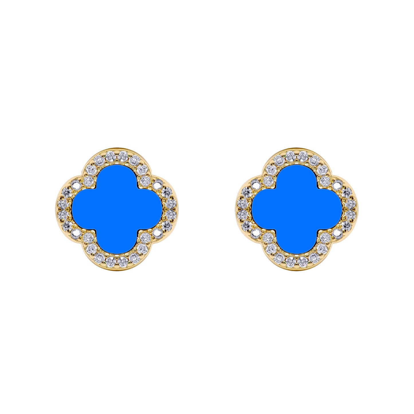 Gold-plated Silver Blue Clover Agate CZ Halo Lucky Charm Earrings - AES260-GP
