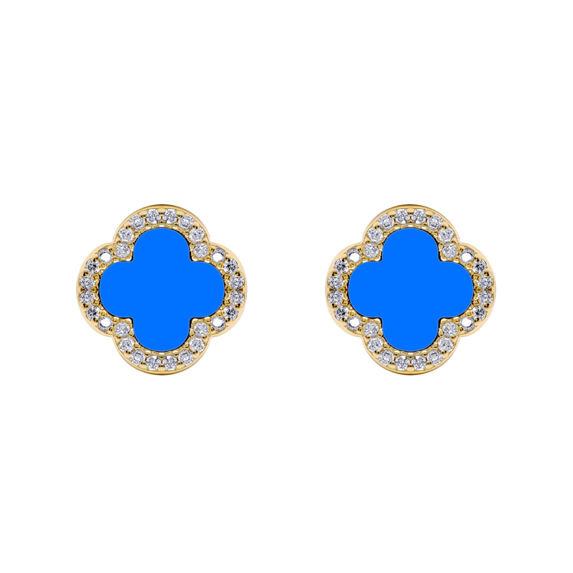 Gold-plated Silver Blue Clover Agate CZ Halo Lucky Charm Earrings - AES260-GP