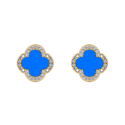 Gold-plated Silver Blue Clover Agate CZ Halo Lucky Charm Earrings - AES260-GP