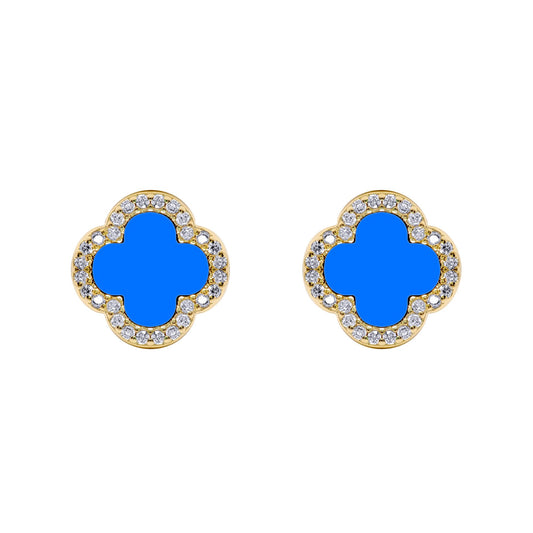 Gold-plated Silver Blue Clover Agate CZ Halo Lucky Charm Earrings - AES260-GP