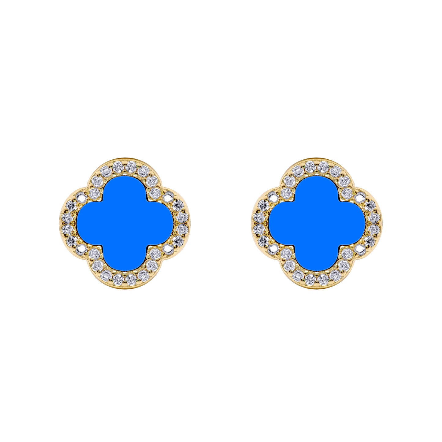 Gold-plated Silver Blue Clover Agate CZ Halo Lucky Charm Earrings - AES260-GP