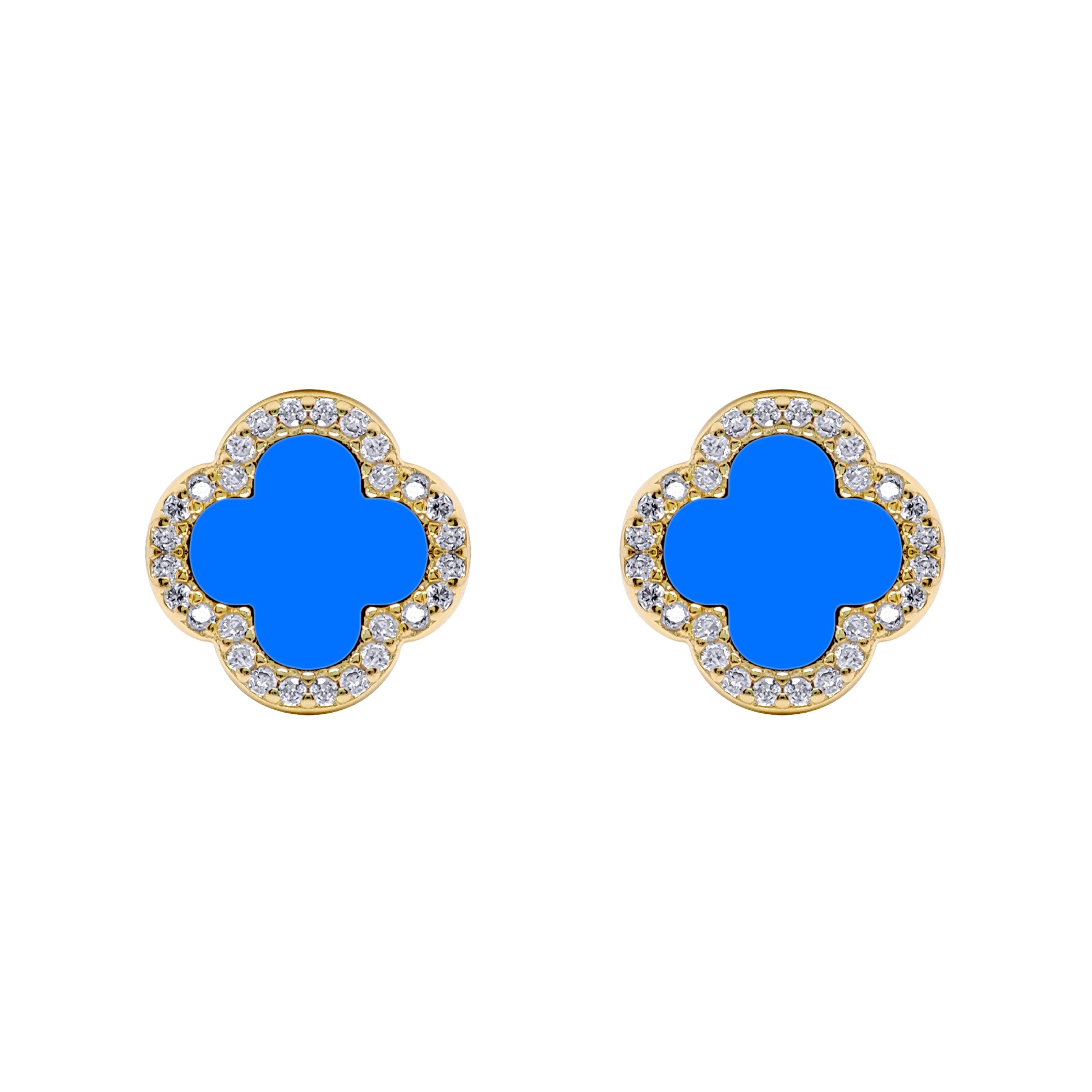 Gold-plated Silver Blue Clover Agate CZ Halo Lucky Charm Earrings - AES260-GP