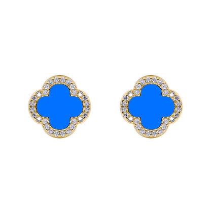 Gold-plated Silver Blue Clover Agate CZ Halo Lucky Charm Earrings - AES260-GP