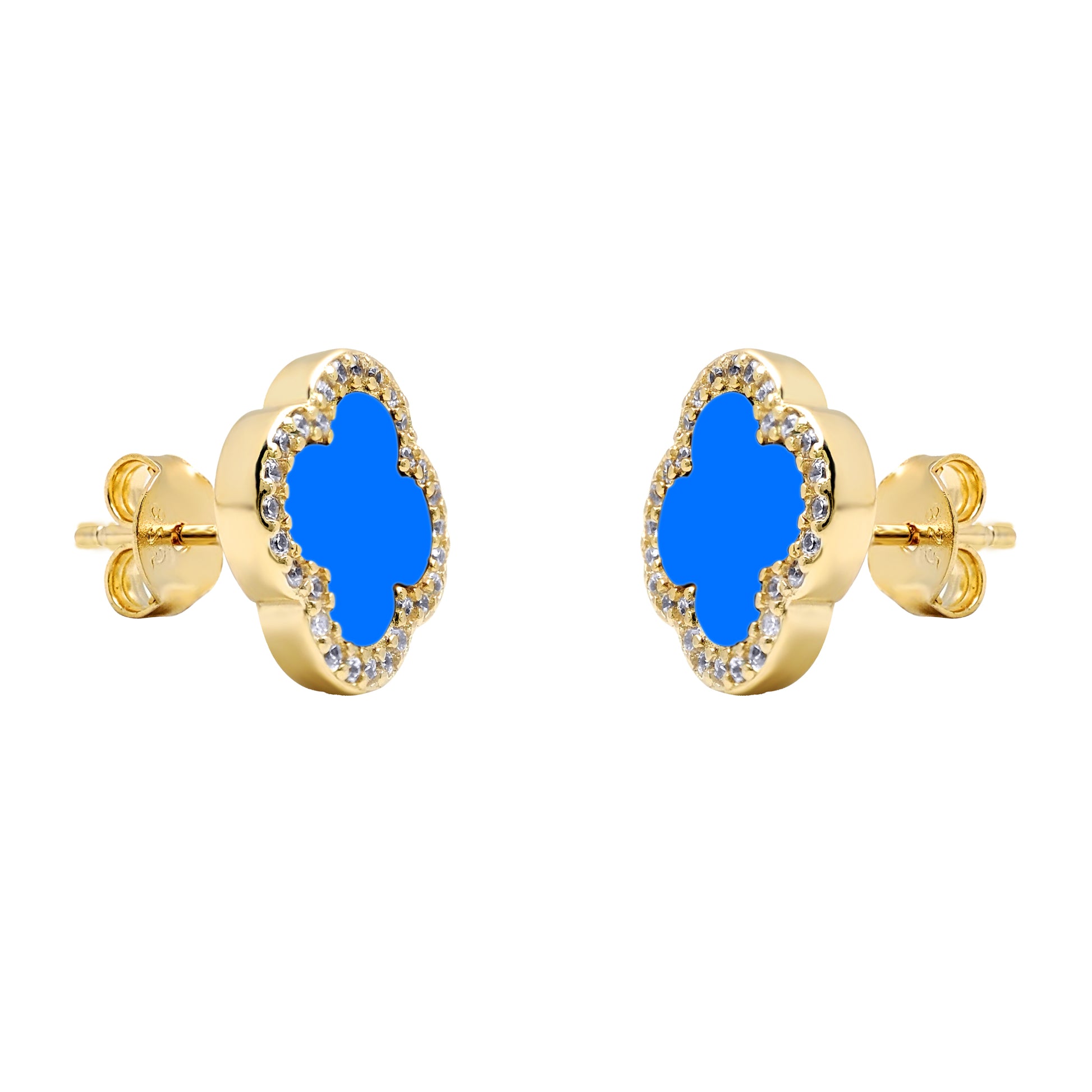 Gold-plated Silver Blue Clover Agate CZ Halo Lucky Charm Earrings - AES260-GP