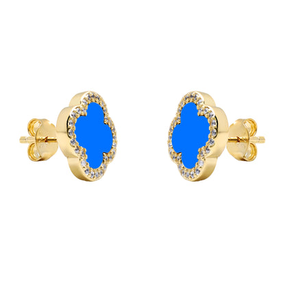 Gold-plated Silver Blue Clover Agate CZ Halo Lucky Charm Earrings - AES260-GP