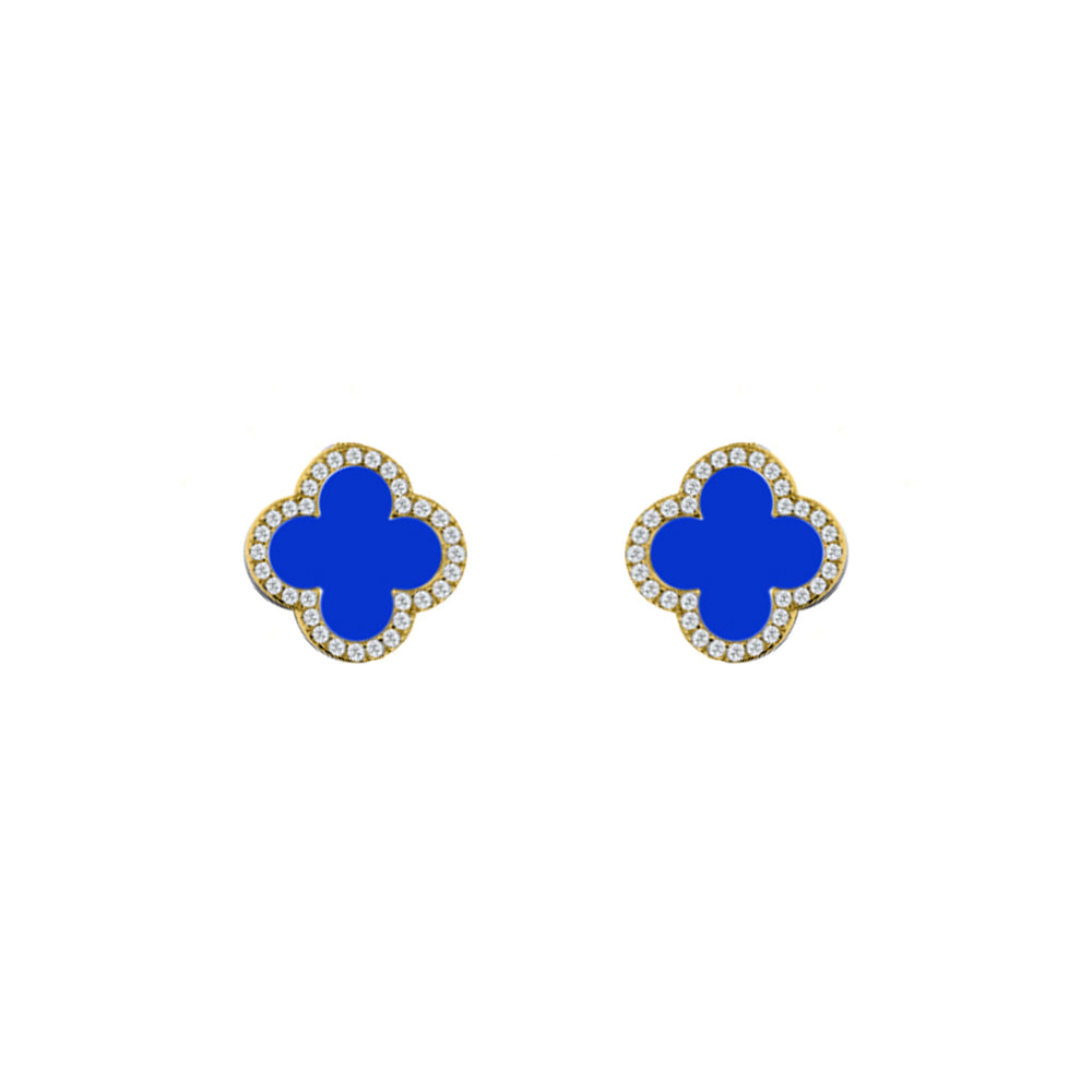 Gold-plated Silver Blue Clover Agate CZ Halo Lucky Charm Earrings - AES260-GP