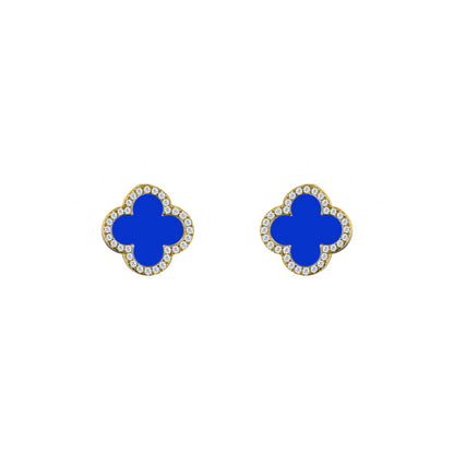 Gold-plated Silver Blue Clover Agate CZ Halo Lucky Charm Earrings - AES260-GP