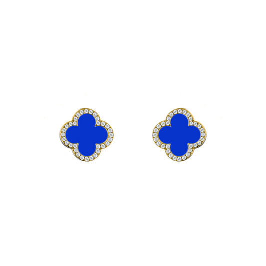 Gold-plated Silver Blue Clover Agate CZ Halo Lucky Charm Earrings - AES260-GP