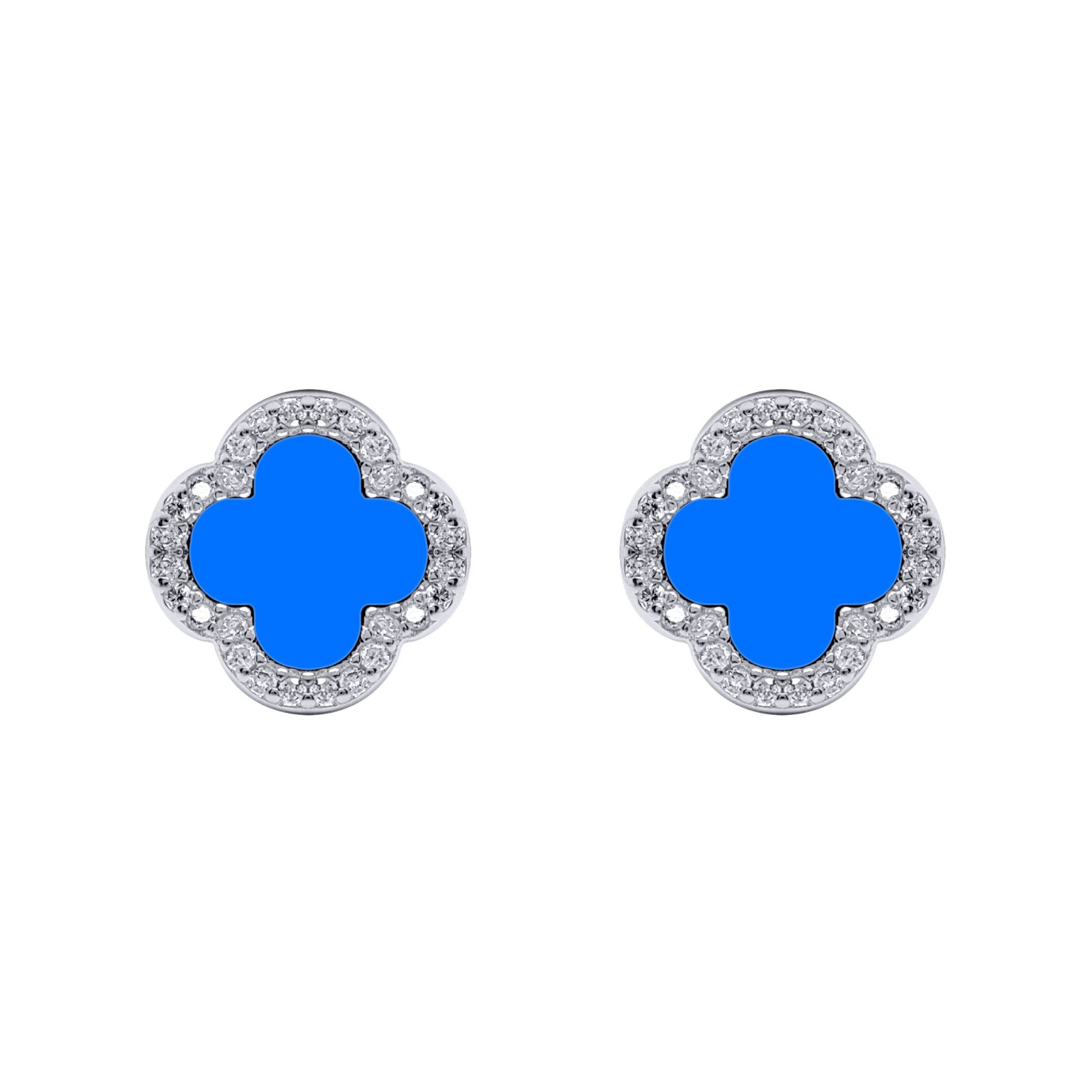 Silver Blue Clover Agate CZ Halo Lucky Charm Earrings - AES260