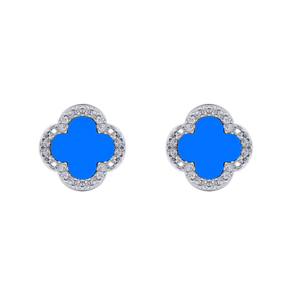Silver Blue Clover Agate CZ Halo Lucky Charm Earrings - AES260