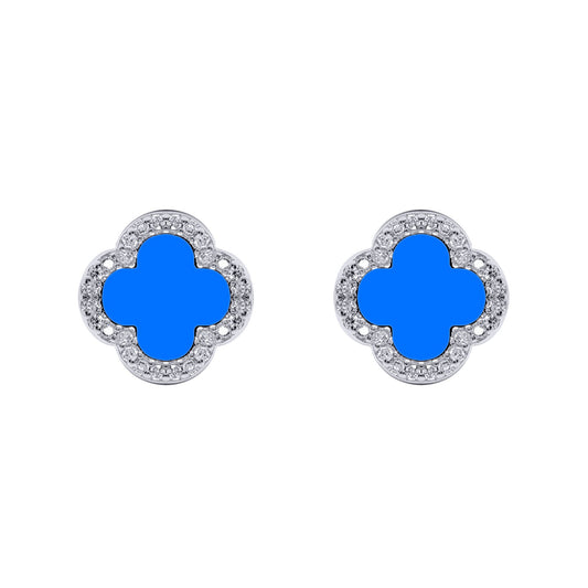 Silver Blue Clover Agate CZ Halo Lucky Charm Earrings - AES260
