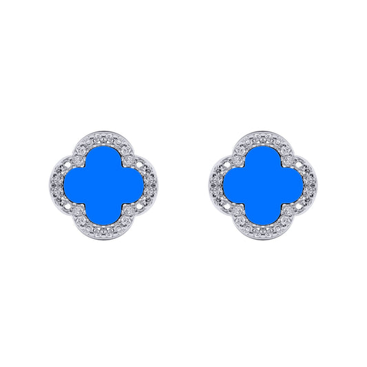 Silver Blue Clover Agate CZ Halo Lucky Charm Earrings - AES260