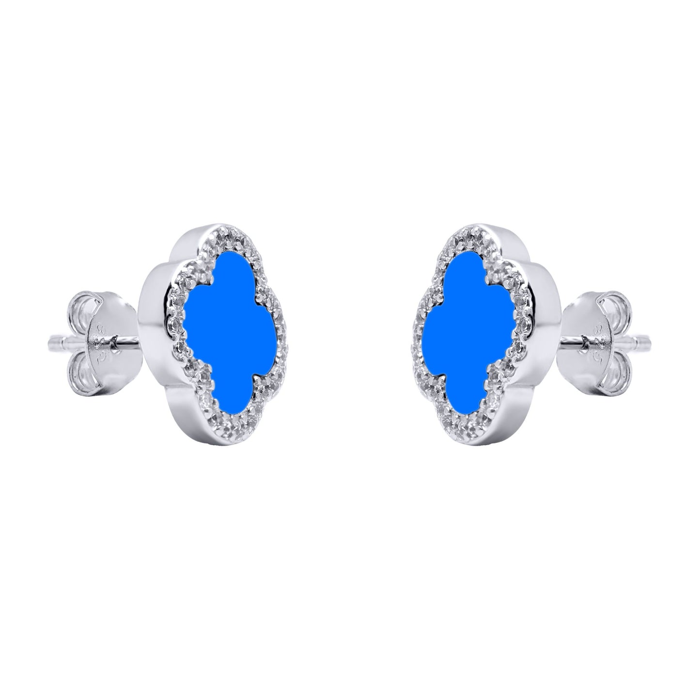 Silver Blue Clover Agate CZ Halo Lucky Charm Earrings - AES260