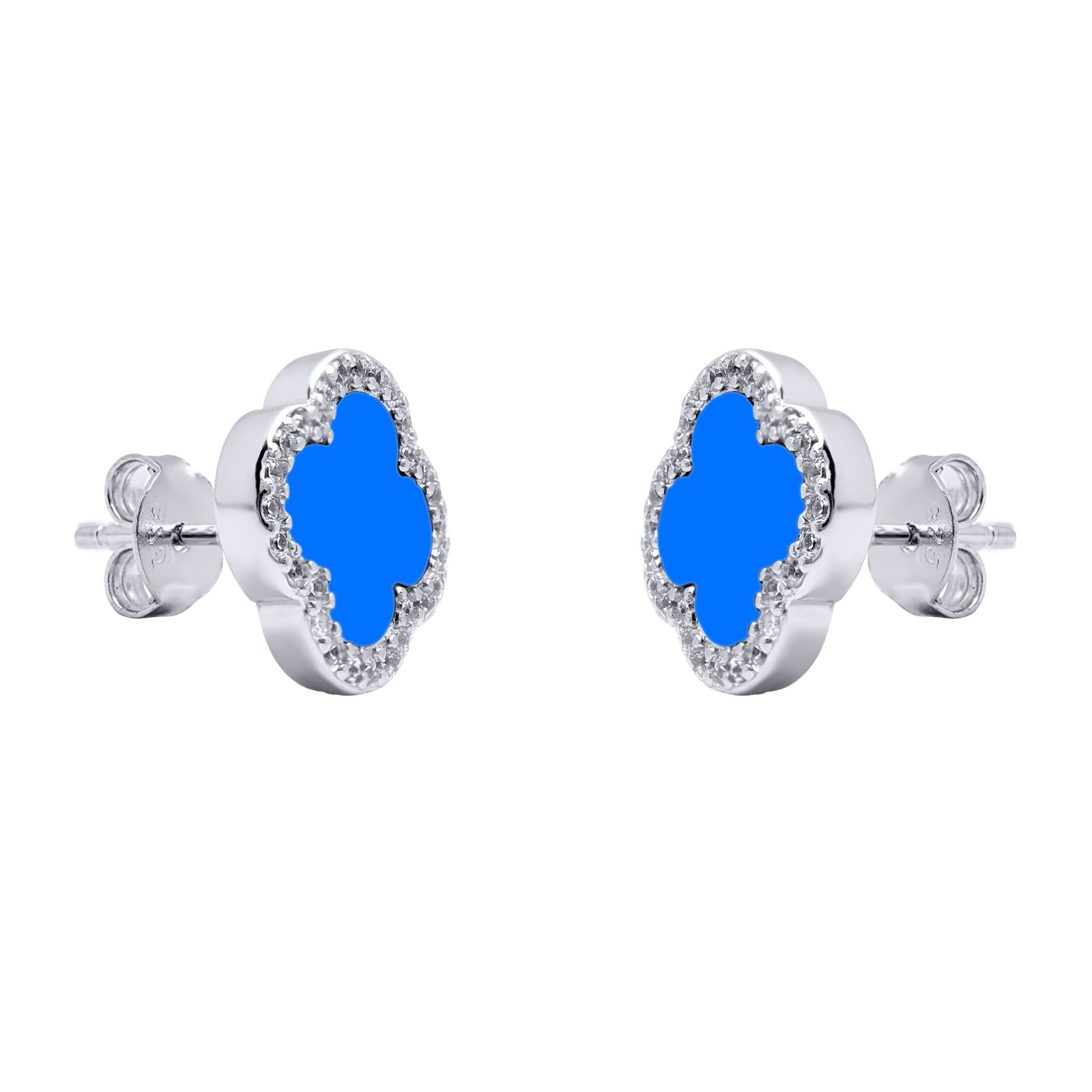 Silver Blue Clover Agate CZ Halo Lucky Charm Earrings - AES260