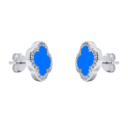 Silver Blue Clover Agate CZ Halo Lucky Charm Earrings - AES260