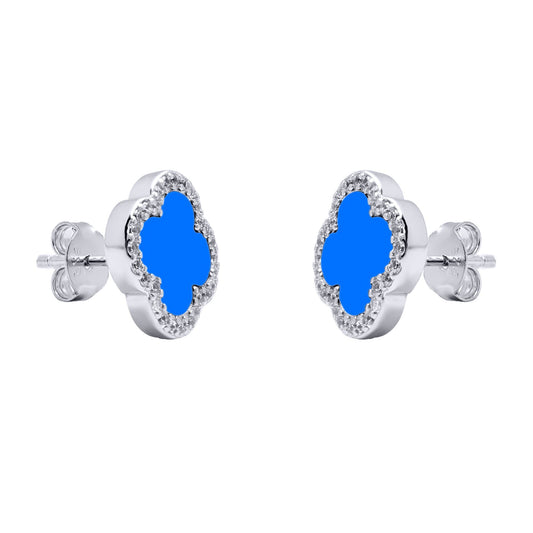 Silver Blue Clover Agate CZ Halo Lucky Charm Earrings - AES260