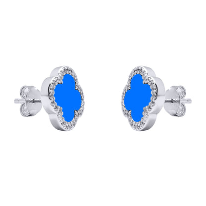 Silver Blue Clover Agate CZ Halo Lucky Charm Earrings - AES260