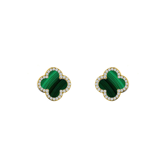 Gold-plated Silver Clover Malachite CZ Halo Lucky Charm Earrings - AES261-GP