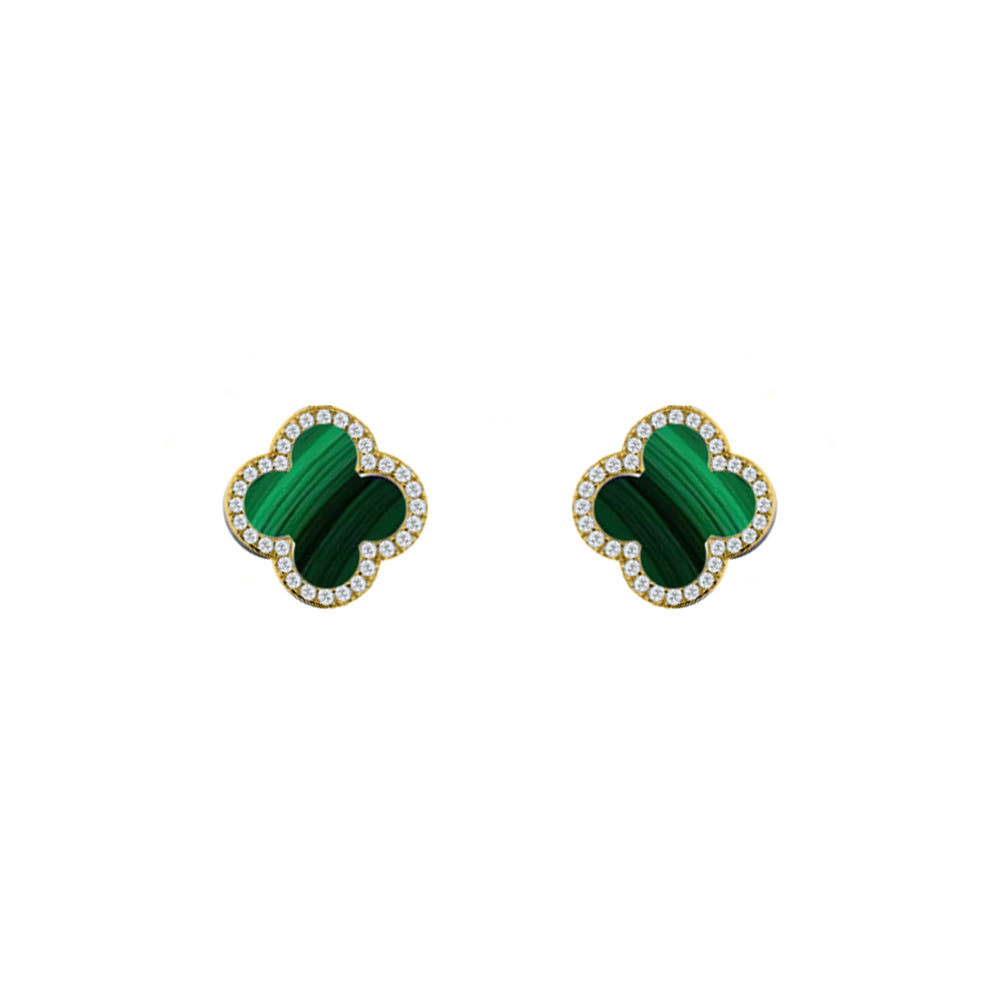 Gold-plated Silver Clover Malachite CZ Halo Lucky Charm Earrings - AES261-GP