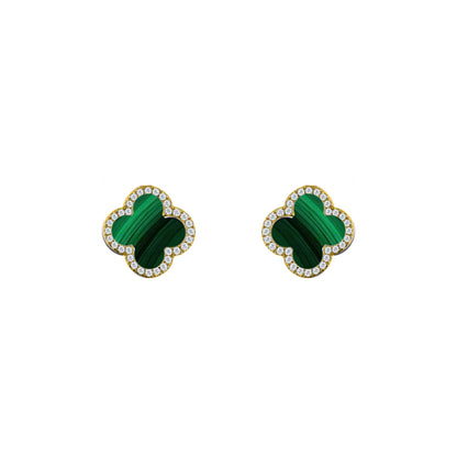 Gold-plated Silver Clover Malachite CZ Halo Lucky Charm Earrings - AES261-GP