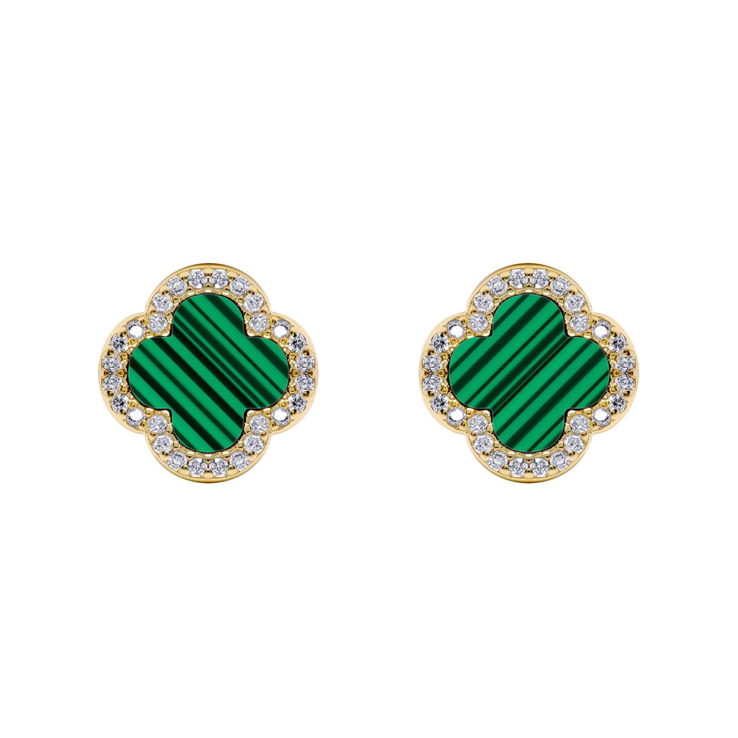 Gold-plated Silver Clover Malachite CZ Halo Lucky Charm Earrings - AES261-GP