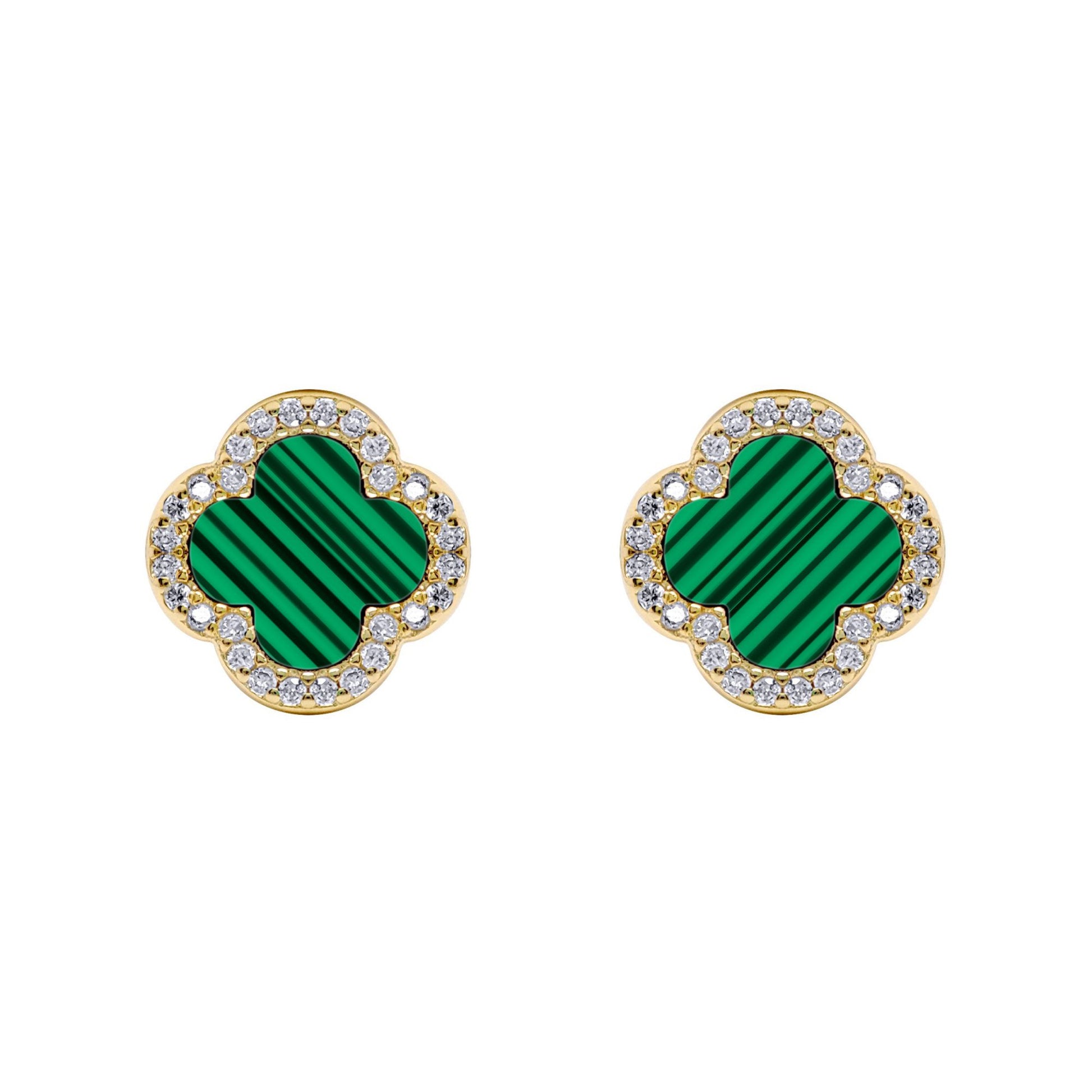 Gold-plated Silver Clover Malachite CZ Halo Lucky Charm Earrings - AES261-GP