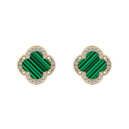 Gold-plated Silver Clover Malachite CZ Halo Lucky Charm Earrings - AES261-GP
