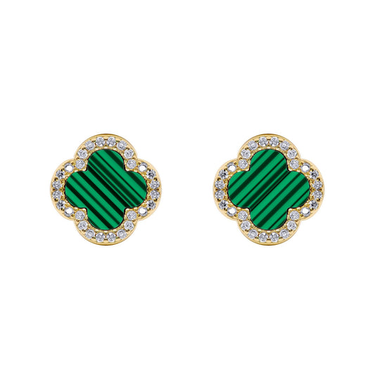 Gold-plated Silver Clover Malachite CZ Halo Lucky Charm Earrings - AES261-GP